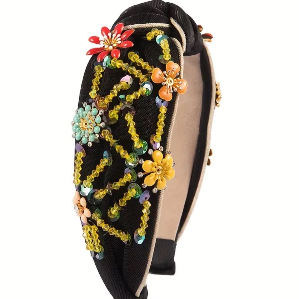 Black Floral Rhinestone Beaded Women's Headband